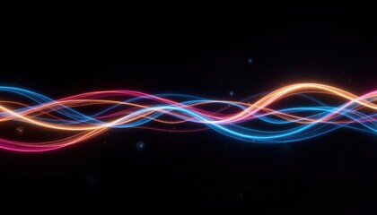 A visually striking digital image featuring vibrant light trails intersecting and weaving across a sleek black background