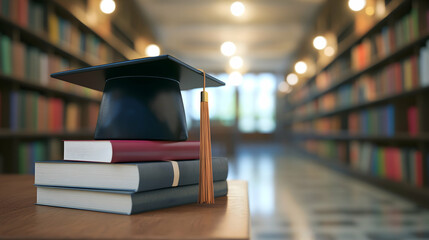 Education and Academic Success &ndash; Graduation Cap with Books in Library