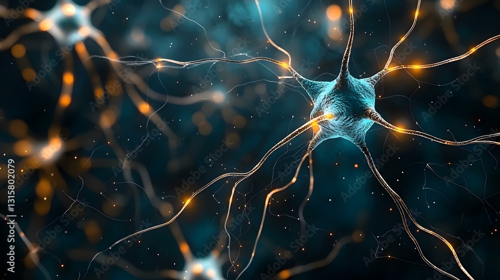Poster the image shows a detailed 3d rendering of a neuron, a nerve cell, with its intricate network of den