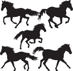 Silhouette set of running horse on white background