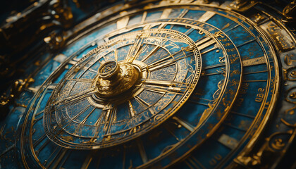 Fototapeta premium Ornate golden compass with a deep blue background and intricate details. 