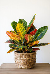A croton plant in an elegant woven basket, placed on top of a table against a white wall. The plant has vibrant leaves with yellow and red stripes