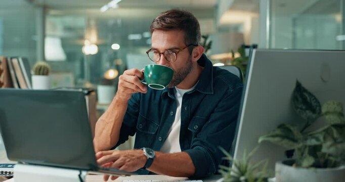 Finance, coffee and man with laptop, research and technology for project, bookkeeping or report. Night, drinking beverage or auditor with-budget for company, accounting or financial investment online