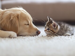 Fototapeta na wymiar Puppy kitten nap home carpet friendship