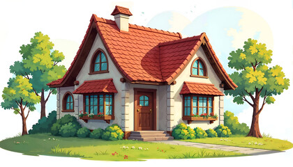 Charming countryside house with red roof and lush greenery in a peaceful natural setting. 