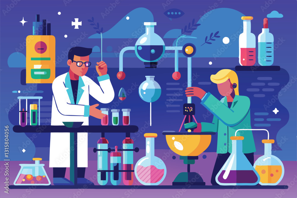 Poster two scientists perform experiments using various apparatus and chemical solutions in a laboratory se