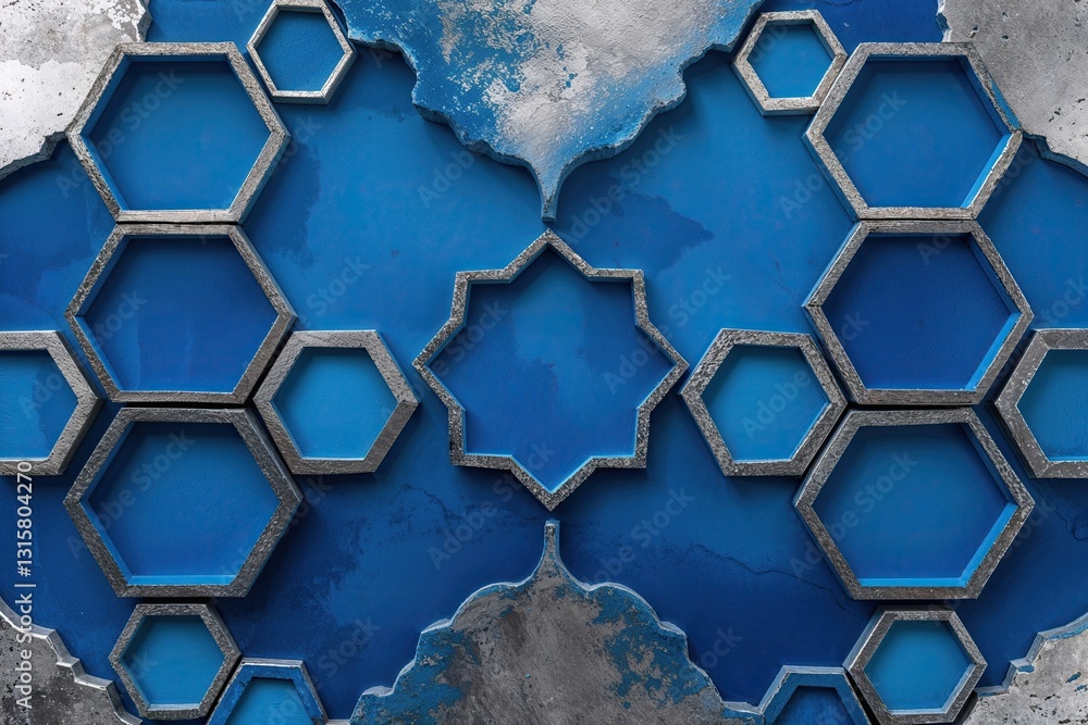 Poster dynamic blue background with metallic silver aged borders and hexagonal geometric design pattern