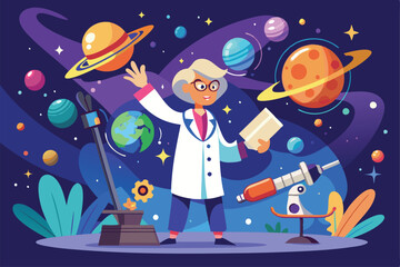 Naklejka premium A scientist with a joyful expression studies astronomy among colorful planets and a telescope, engaging in research, Scientific research, character loves astronomy,