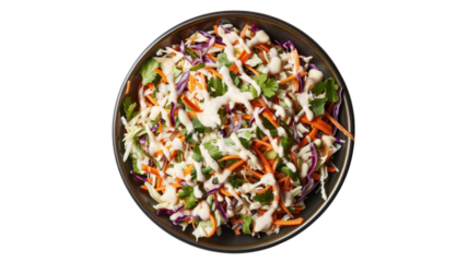 Fresh coleslaw salad with creamy dressing in a bowl on transparent background