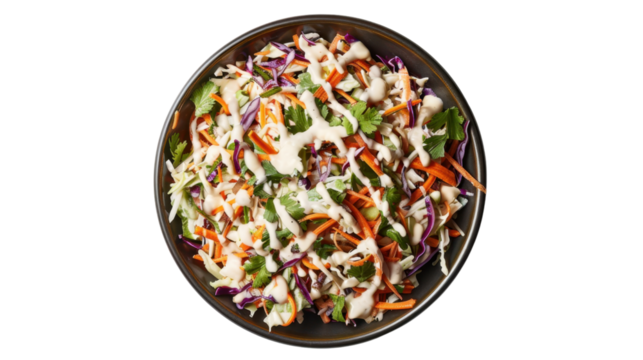 Fresh coleslaw salad with creamy dressing in a bowl on transparent background
