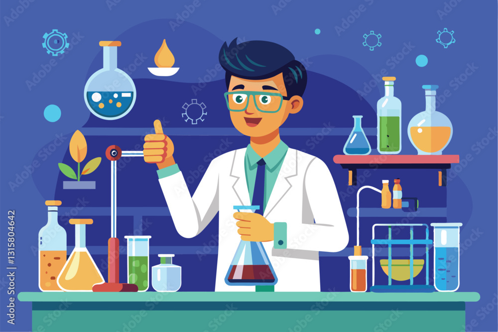 Poster a scientist is conducting tests with various flasks, showcasing liquids and equipment in a lab, scie
