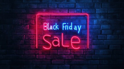Obraz premium Black Friday Sale Sign. Glowing Neon text on a textured brick wall background.