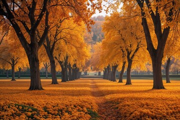 Fototapeta premium Stunning Autumn Scenery with Golden Hazel Trees in a Tranquil Park