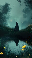 Enigmatic Night Landscape: A Woman's Journey