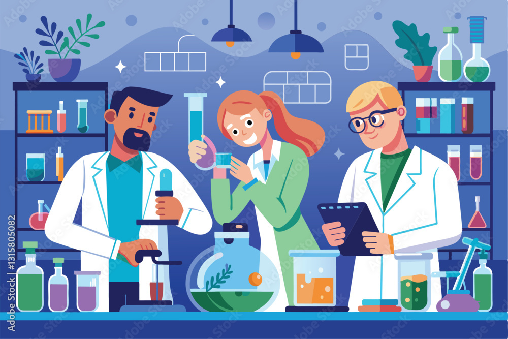Poster three scientists are performing experiments with test tubes and flasks in a well-equipped laboratory