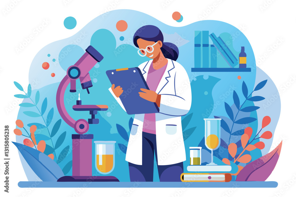 Aufkleber a scientist analyzes samples using a tablet next to a microscope in a modern laboratory setting, sci