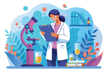 A scientist analyzes samples using a tablet next to a microscope in a modern laboratory setting, Scientist with a tablet by a microscope, abstract, represents research,
