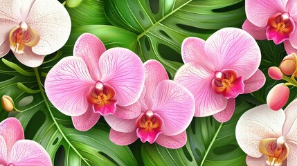 Pink Orchid Blooms Amongst Lush Green Tropical Leaves