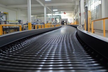 Fototapeta premium Curved conveyor belt in modern factory setting. Shows efficient automated industrial process.