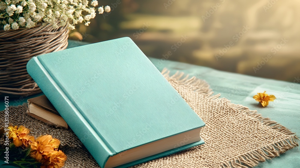 Poster softcover book mockup lying on a cozy textured fabric surface with warm natural sunlight streaming i