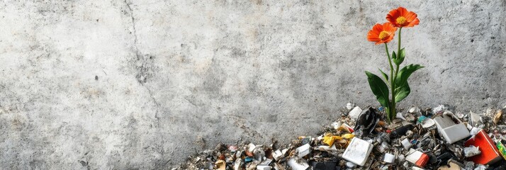 Blooming flowers thrive among waste, showcasing resilience and new possibilities for consumption in discarded environments