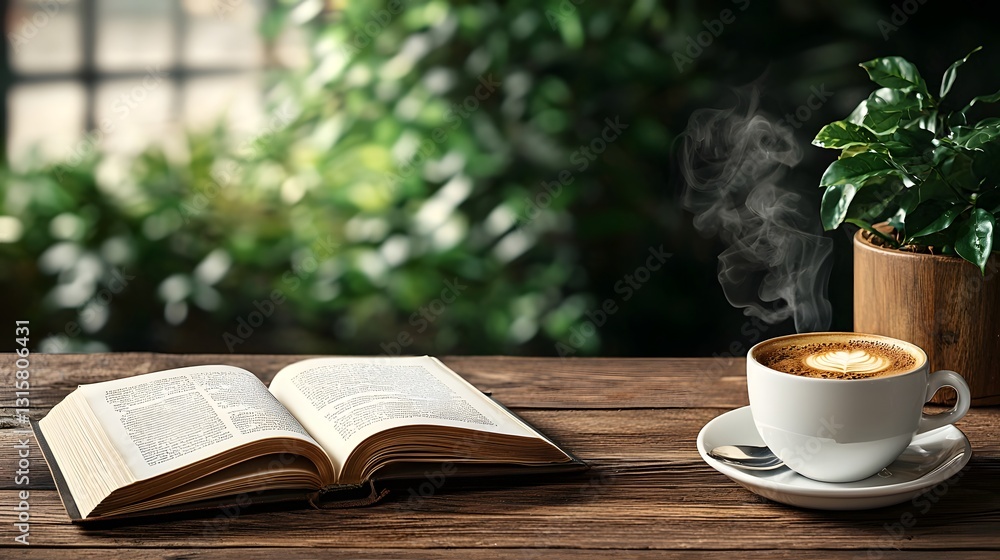 Poster serene scene of an open book mockup placed on a wooden desk accompanied by a steaming cup of coffee 
