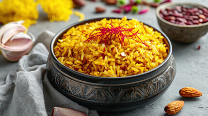 vibrant bowl of saffron infused rice pilaf garnished with saffron threads