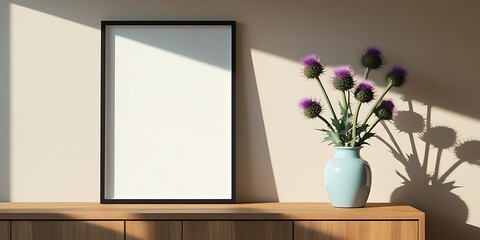 Minimalist interior scene with a blank vertical frame and a blue vase holding purple thistle flowers on a wooden cabinet, bathed in natural daylight and shadow.

