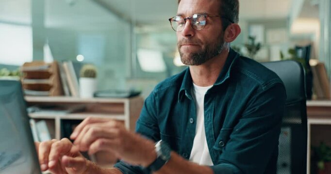 Fatigue, glasses and laptop with businessman in office for research deadline, overtime and admin report. Debt manager, typing and eye strain with employee in agency for client feedback and broker