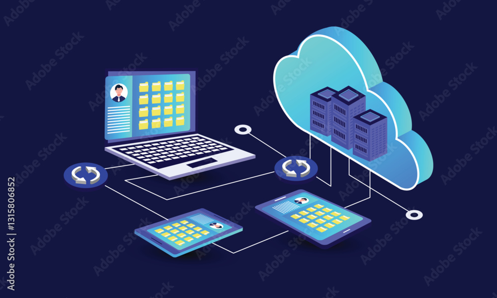 Aufkleber cloud computing. online devices upload, download information. data in database on cloud services. is