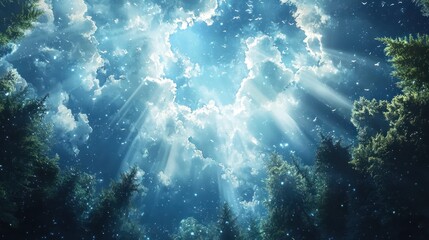 Obraz premium Enchanted Forest: Celestial Rays Illuminating a Mystical Woodscape