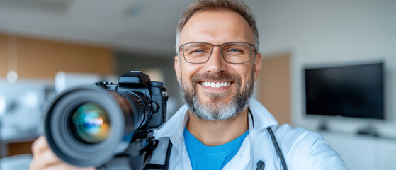 Smiling Photographer: Captivating moment as a seasoned photographer smiles, camera poised, ready to capture the world through his lens. A portrait of expertise, passion.
