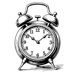 Vintage sketch of an alarm clock in black and white  