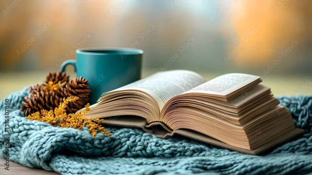 Poster cozy open book mockup with curled pages resting on a knitted blanket providing a soft neutral compos
