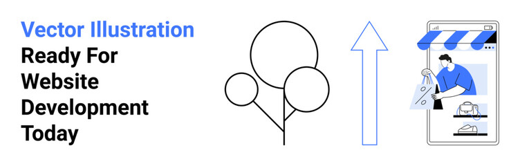 Smartphone displaying e-commerce store setup with developer, upward arrow symbolizing growth, abstract tree. Ideal for web development, e-commerce, SEO, technology, business strategy, marketing flat