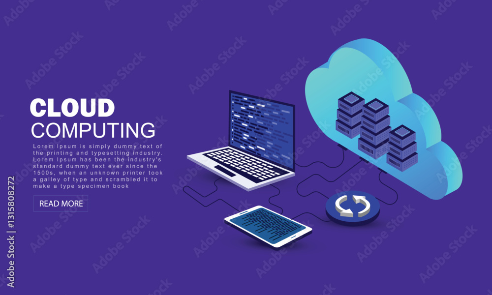 Poster cloud storage download isometric vector illustration. digital service or app with data transferring.