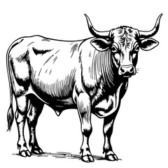 Fototapeta premium Vintage sketch of a standing bull in monochrome style 