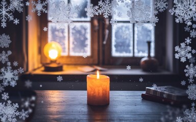 January blues, Cozy winter candlelight in a snowy window