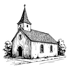 Vintage sketch of a charming church surrounded by trees  