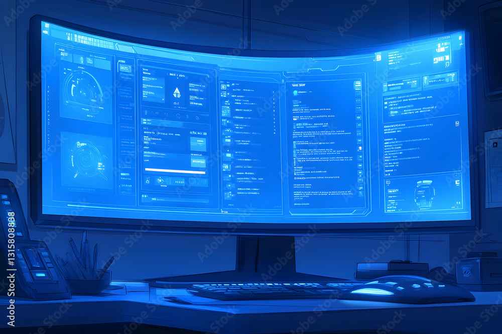 Poster night scene of a futuristic, curved computer monitor displaying various data streams and code, set o