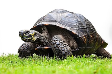 Fototapeta premium Large Tortoise On Green Grass Isolated On White Background