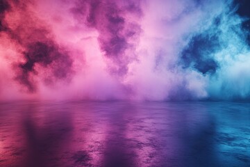 Pink and blue smoke fill a reflective surface. Ideal background for dreamy, abstract designs or music projects.