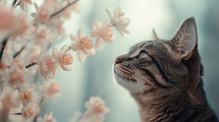 Fototapeta premium Cat curiously gazes at flowering branches with tulips in a tranquil, light-filled setting