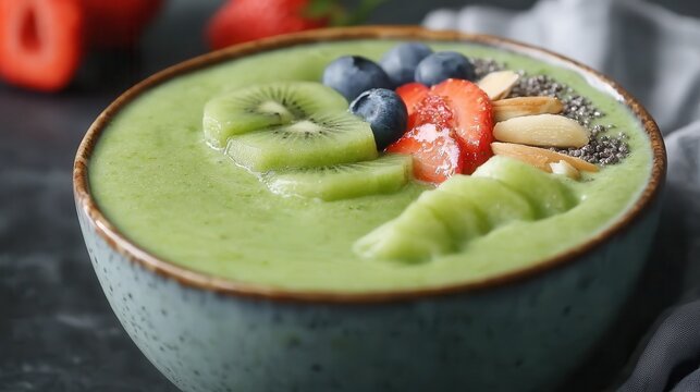 healthy aging secrets. Green smoothie bowl topped with fresh fruits and seeds.
