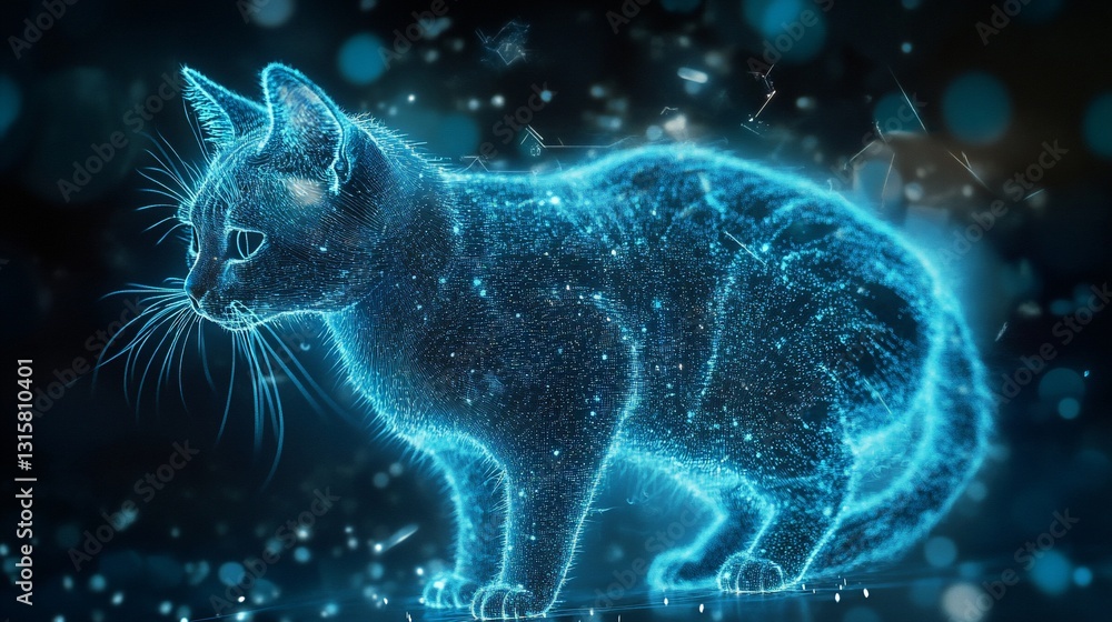 Poster digital feline: a glowing cat concept with tech and futuristic elements