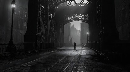 Desolate cityscape bridge at night. A solitary figure walks a ruined, urban thoroughfare under a metal bridge.  Shadows and darkness prevail