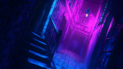 Naklejka premium a neon dragon sign glowing against a dark city wall 
