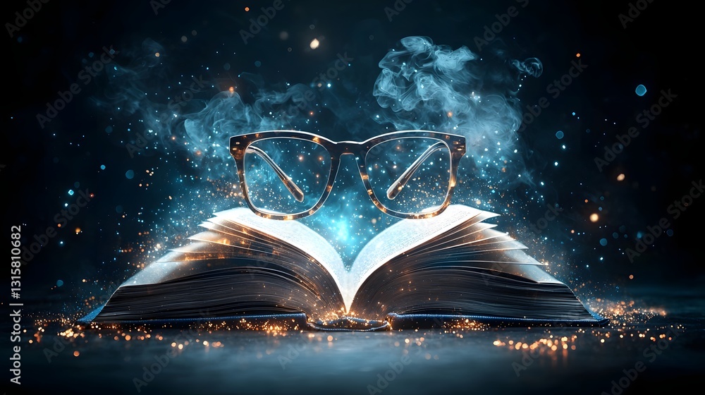 Poster glowing open book icon infographic with hovering eyeglasses and bookmark placed on the pages isolate