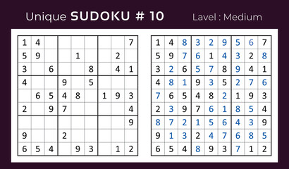 Vector sudoku puzzle with answer. Sudoku, number puzzle game with numbers for kids and adults.