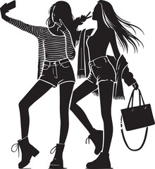 Naklejka premium Group of Friends woman silhouette vector, Group of Friends Walking Together vector illustration, Group of Friends woman silhouette vector black and white